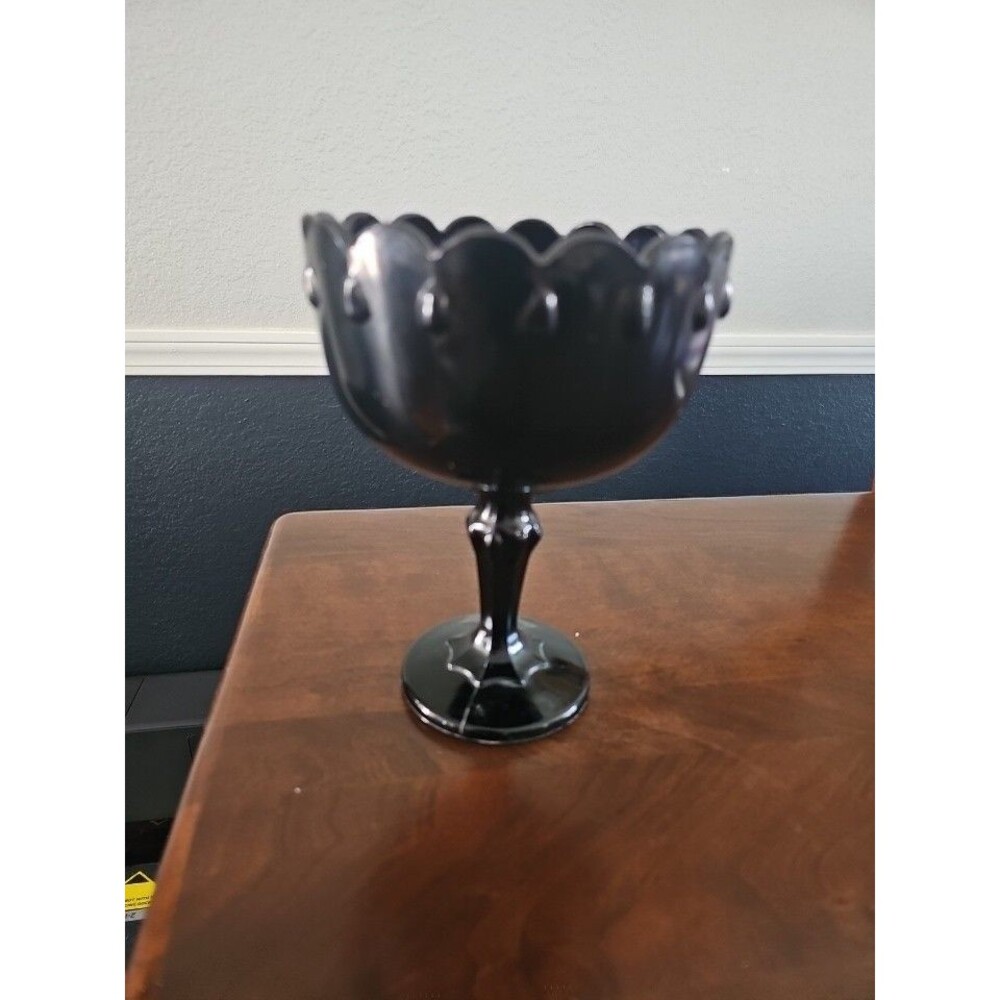 Vintage Black Milk Glass Pedestal Compote Bowl Teardrop Pattern Indiana Glass